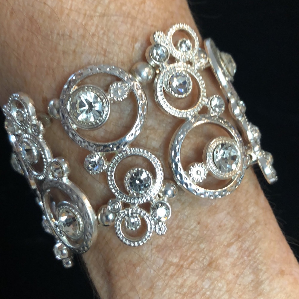 Silver Scroll Bracelet With Clear Crystal Beads